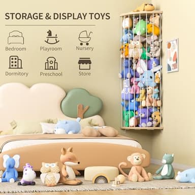 Jtksfcl Stuffed Animal Storage Wood Corner Plush Toys Holder with Star Pattern, Length Adjustable Hanging Stuffed Animal Toy Organizer Shelf for Nursery Play Room Bedroom Kid Room - Image 6