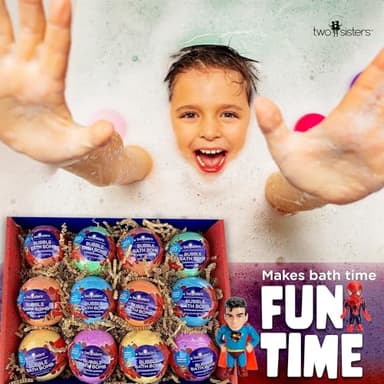 Superhero Boys Bath Bombs with Surprise Hero Toys Inside (12 Pack) - Large Bubble Bomb, Fruity Scents, Relaxing Aromas - Ideal Birthday Gift for Kids by Two Sisters - Image 2