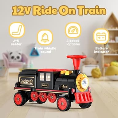 ANPABO 2-Seater Ride On Train Trackless, 12V Kids Car with Height-Adjustable Seat, Extra Storage, Headlight, Train Whistle & Music, Electric Car for Kids 3+ (Carriage Not Included), Red - Image 7
