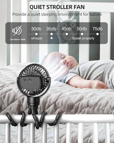 TUNISE Stroller Fan: Rechargeable with TYPE-C Port, 4000mAh, 360° Rotatable, 3-Speed, Flexible Tripod, Clip Anywhere for Baby's Comfort - Durable and Easy to Clean, Black - Image 3