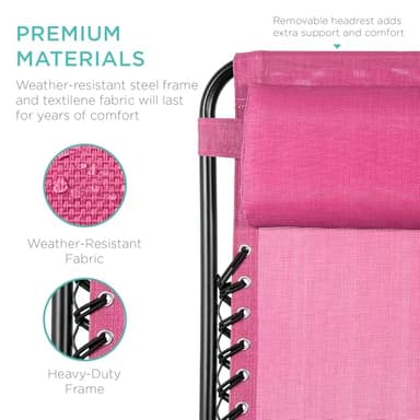 Best Choice Products Set of 2 Adjustable Steel Mesh Zero Gravity Lounge Chair Recliners w/Pillows and Cup Holder Trays - Pink - Image 6