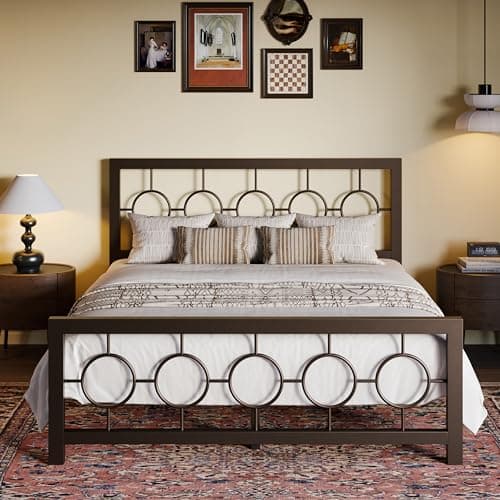 SHA CERLIN Queen Size Metal Bed Frame with Vintage Circular Design Headboard and Footboard,No Box Spring Required,Easy Assembly,Noise-Free,Brown - Image 1