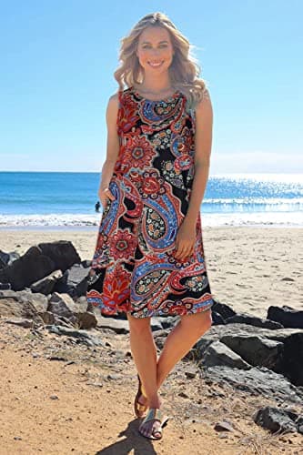 Summer Dresses for Women Beach Boho Sleeveless Vintage Floral Flowy Pocket Tshirt Tank Sundresses(Red Black Flower,3XL) - Image 2