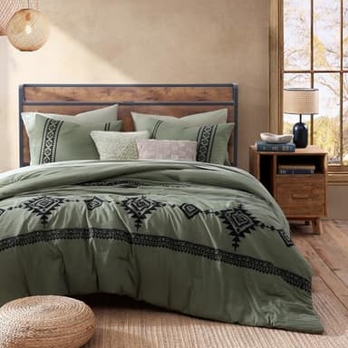 MAIREVE Olive Green Embroidery Comforters Set Queen Size - 7 Pieces, Farmhouse Western Bedding All Season Bed in A Bag Queen, Boho Comforter Set with Sheets, Pillowcases & Shams - Image 2