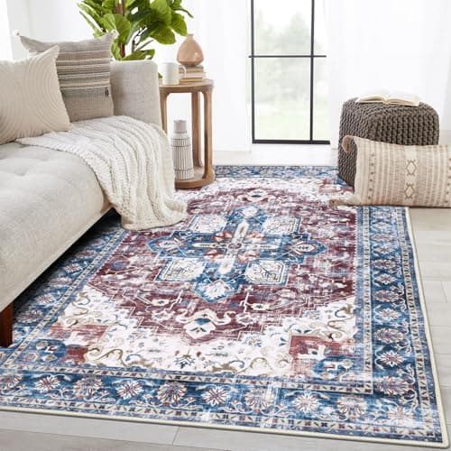 Topotdor Washable Rugs 6x9 Vintage Area Rugs Non-Slip Area Rugs Low Pile Floor Carpet Printed Soft Durable Stain Resistant Foldable Rugs Living Room Dining Room Bedroom,Burgundy - Image 1