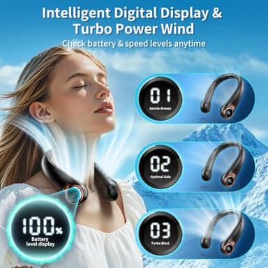 ZHZW Portable Neck Fan with 6000mAh USB - Rechargeable Battery, Ultra-Light Bladeless Neck Fan LED Display, 360° Cooling Wearable Fan, 3 Speeds (black) - Image 2