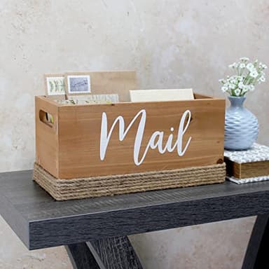 Elegant Designs HG2036-NWD Homewood Farmhouse Rustic Wood Decorative Mail Holder, Bills, Letter Storage, Sorter w Wrapped Rope, Cutout Handles w Mail White Script for Décor, Desk, Office, Nat Wood - Image 3