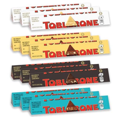 TOBLERONE Assorted Chocolate Bars Variety Pack (Milk, Dark, White, & Salted Caramelized Almonds), Bulk Chocolate, 12 - 3.52 oz Bars - Image 1