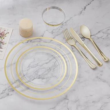BESTVIP 600PCS Clear Gold Dinnerware Set for 100 Guests, Plastic Plates for Party, Christmas and New Year, 100 Disposable Plates, 100 Dessert Plates, 100 Cups, 100 Spoons, 100 Forks and 100 Knives - Image 6