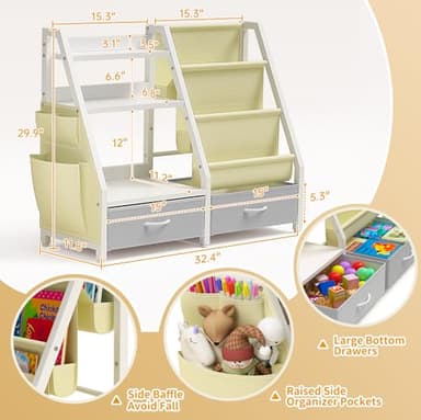 Twinkoo Kids Bookshelf and Toy Organizer, Sturdy 3 Tier Kids Bookcase, Sling Bookshelf and 2 Toy Bins, Toddler Montessori Book Shelf with Toy Storage Organizer for Children Room, Playroom, Nursery - Image 2