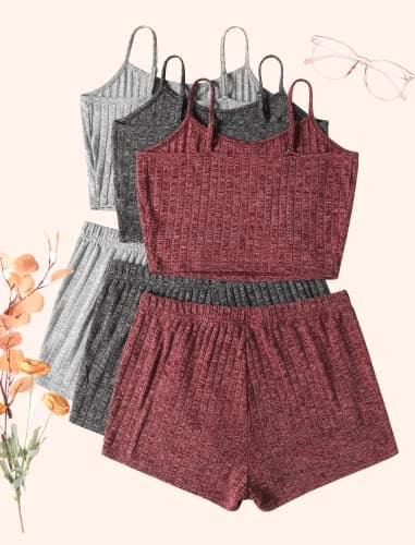 Ekouaer 3 Sets for Women Ribbed Pajamas Crop Cami Top and Shorts Pjs Casual Sleeveless Button Lounge Set Sleepwear Dark Grey/Wine/Grey,Small - Image 3