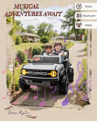 First Ride On Licensed Ford Bronco Raptor 24V 2 Seater Kids Ride on Toys, Battery Powered Electric Ride on Car, Remote Control Electric Car w/Led Lights, Music, High Low Speed (24V, White) - Image 6