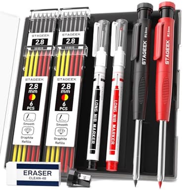 STAGEEK 2PCS Carpenter Pencils with Sharpener, Heavy Duty Woodworking Tools, Mechanical Pencil Set with 26 Refills, Deep Hole Long Nib Marker Pens for Architect Marking with Case (Black, Red) - Image 1
