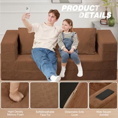 Cansunna Folding Bean Bag Chair for Adults,3-in-1 Bean Bag Couch Faux Fur Floor Sofa Large Beanbag Convertible Bean Bag Sofa Bed with Pillow in Bedroom,Living Room,Apartment(Queen,Caramel) - Image 8