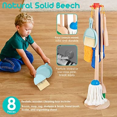 HELLOWOOD Kids Cleaning Set, 8 Pcs Wooden Housekeeping Play Set Includes Broom Mop Duster Dustpan Brushes Rag and Organizing Stand, Cleaning Toys Gift for Toddlers Girls Boys Age 3-6, Solid Beech Wood - Image 2