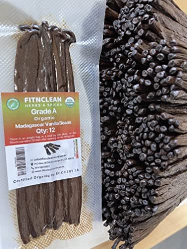 12 Organic Madagascar Vanilla Beans Grade A. Certified USDA Organic 6"-7.5" by FITNCLEAN VANILLA for Chefs, Extract, Baking and Essence. Gourmet Bourbon NON-GMO Whole Pods - Image 1