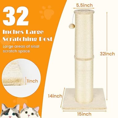 PAWSCRAT Cat Scratching Post 32 Inch High, 5.5 Inch Large Diameter Natural Sisal Cat Scratch Post, Scratch-Resistant and Durable Tall Cat Scratcher for Indoor Cats, Protect Your Furniture, Beige - Image 2
