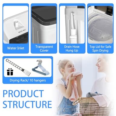 Stopsad Portable Mini Twin Tub 32Lbs Washing Machine with Drying Rack and 10 Hangers, Washer(20Lbs) and Spinner(12Lbs), Compact Laundry Washer for Apartments, Dorms(Black) - Image 2