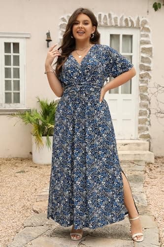 Keluummi Plus Size Wedding Guest Maxi Dresses for Curvy Women, Summer Formal Floral V Neck 3/4 Sleeve A Line Long Party Dress(20 Plus, 10 - Black Floral) - Image 5