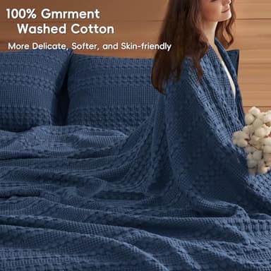 PHF 100% Cotton Waffle Weave Blanket King Size for Bed, Soft Lightweight & Breathable, All-Season Comfort, Luxury Aesthetic Woven Bedding for Home Decor, 108"x90", Bright Navy Blue - Image 2