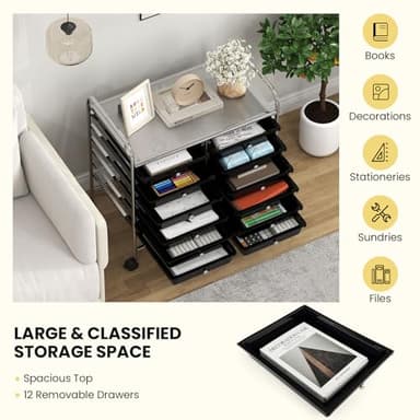 Giantex 12 Drawers Rolling Cart, Mobile Storage Drawer Cart, Classroom Organizer Cart for Office School Supplies Tools Scrapbook Paper Craft Small Printer, Utility Cart on Wheels, Black - Image 7