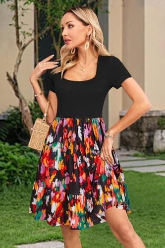 Newshows Womens 2025 Summer Dress Short/Long Sleeve Fall Dresses Business Casual Outfits A-Line Ruffle Sundress with Pockets (Black Floral Pink,L) - Image 3