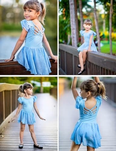 Arshiner Girls Shiny Ruffle Sleeve Ballet Leotard with Skirt Criss-Cross Back Dance Dresses Blue 4-5 Years - Image 4
