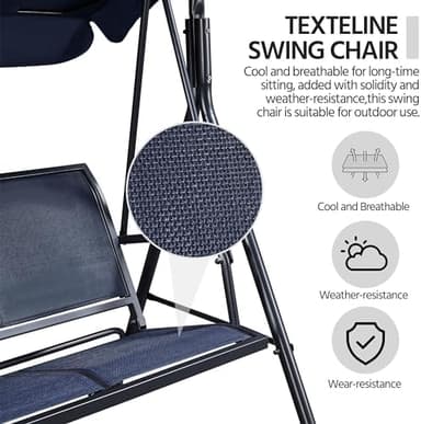 Yaheetech Outdoor Porch Swing Chair for Adults, 3-Seat Patio Sunset Hanging Swing w/Texteline Fabric & Adjustable Canopy & Armrests, Canopy Lounge Chair for Backyard/Garden/Balcony, Blue - Image 6