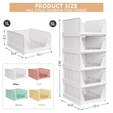 5 Pack Stackable Closet Storage Basket - Stackable Storage Bins, Multifunctional & Foldable Closet Organizer, Wardrobe Cupboard Space-Saving Hat Storage Drawer Organizer, White - Image 3
