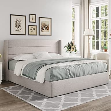 Allewie King Size Lift Up Storage Bed, Modern Wingback Headboard, Hydraulic Support, No Box Spring Needed, Light Beige - Image 8