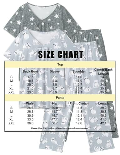 Ekouaer Ladies Pajamas Sets 2 Pack Short Sleeve with Long Pant Pjs Sleepwear Loungewear Slate Star Grey Cat X-Large - Image 6