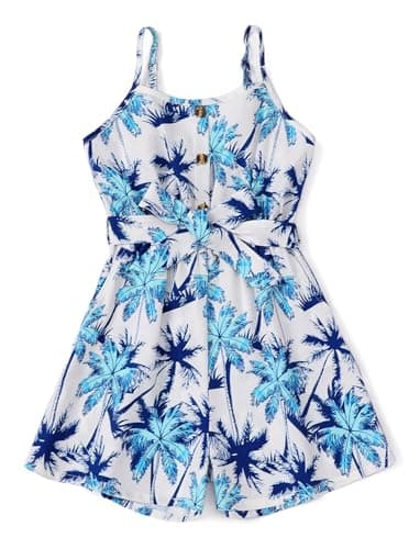 PATPAT Girls Rompers Size 9-10, Palm Print, Cute Jumpsuits For Girls, Backless Wide Leg Sleeveless Hawaiian Rompers With Pockets, Spaghetti Strap Jumpsuits With Belt, Kids Cute Clothes - Image 1