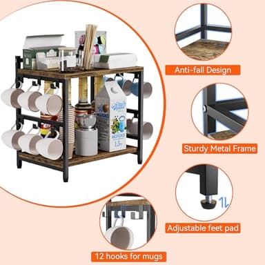 Aquzee Large Coffee Bar Counter Top Shelf with Cup Holder, Cofe Tea Station Organizer Shelves Stand for Countertop with 12 Hooks for Mug, 2 Tier Kitchen Bar Decorations for Home 11"D x 15.8"W x 16.1"H - Image 7