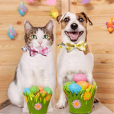 STMK 2 Pack Easter Plaid Cat Collars with Bow Tie Bell, Breakaway Adjustable Cat Kitten Plaid Collars with Bowtie Bell Bunny Chick for Cats Kittens (Pink & Yellow) - Image 5