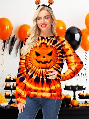 Deerose Women's Halloween Jack O Lantern Sweatshirt Long Sleeve Pumpkin Printed Tops Casual Funny Blouse L - Image 5