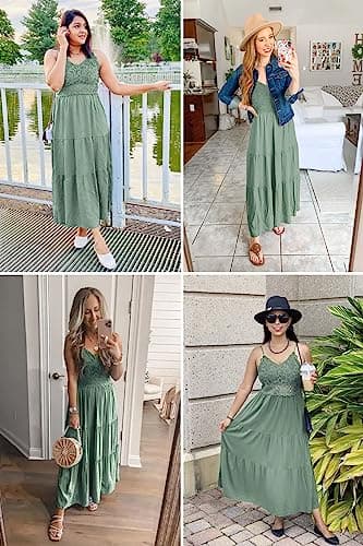 Dokuritu Women's Beach Crochet Lace Maxi Dress Wedding Guest Bridesmaid Cocktail Summer Spaghetti Strap Long Sage Green Dresses 2025(SproutGreen,L) - Image 3
