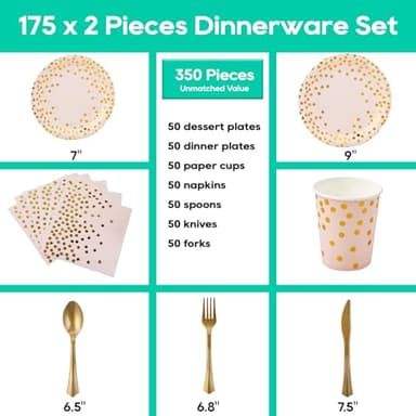 Pink and Gold Party Supplies - 350 PCS Disposable Dinnerware Set - Pink Paper Plates Napkins Cups, Gold Plastic Forks Knives Spoon for Graduation, Birthday, Cocktail Party - Image 2