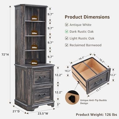 T4TREAM 6-Tier Bookcase Set of 2 with 2 File Drawers, 72" Tall Farmhouse Bookshelf with Storage & Adjustable Shelves, Wooden Floor Standing Display Book Shelf for Home Office, Dark Rustic Oak - Image 3