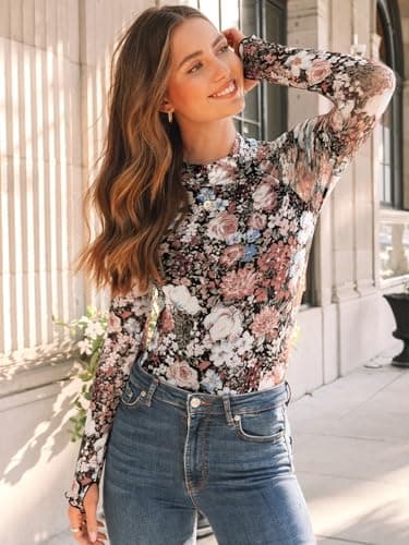 Dealmore Lace Sheer Long Sleeve Floral Mesh Mockneck Trendy Cute Going Out Tops for Women Fall Fashion Outfits 2025 Clothes Floral Fierce S - Image 5