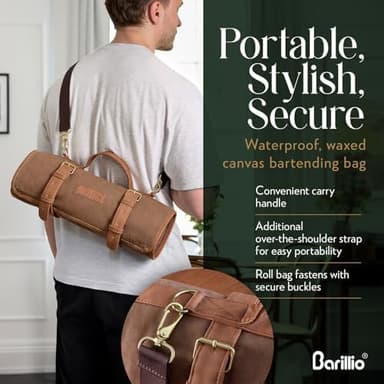 Barillio Bartender Kit Bag with Cocktail Shaker Set - Waxed Canvas, Traveling Bar Tools Bag with 17-Pc Cocktail Kit - Travel Mixology Bartending Kits - Mobile Bar Roll with Strap & Accessories - Image 6