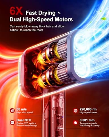 Tqcir Hair Dryer, 220,000 RPM Dual High-Speed Brushless Motors Blow Dryer for 6X Fast Drying, 500 Million Negative Ionic Hair Dryers for Long Thick Hair, Low-Noise 4 Temps /4 Speeds - Image 2