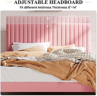 SHA CERLIN Full Upholstered Platform Bed Frame with Adjustable Headboard/Vertical Channel Tufted Velvet Fabric/Wooden Slats Support/Mattress Foundation/Box Spring Optional/Pink - Image 5