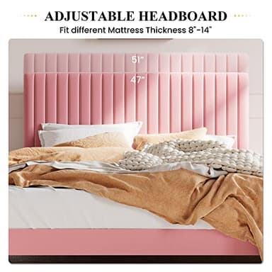 SHA CERLIN Queen Upholstered Platform Bed Frame with Adjustable Headboard/Vertical Channel Tufted Velvet Fabric/Wooden Slats Support/Mattress Foundation/Box Spring Optional/Pink - Image 5