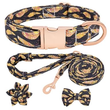 HSIGIO Dog Collar and Leash Set Adjustable Girls Puppy Floral Collars with Bow Tie for Small Medium Large Dogs(L, Feather) - Image 1