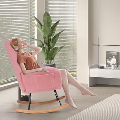 VECELO Rocking Chair Nursery with Thick Headrest, Modern Teddy Upholstered Reading Glider Rocker Accent Armchair with High Backrest, Padded Seat, Side Pocket, for LivingRoom, Bedroom, Baby Room, Pink - Image 3