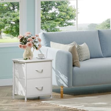 Somdot White Nightstand, Small Dresser for Bedroom with 2 Drawers, Bedside Table Night Stand End Table with Fabric Bins for Bedroom Kids Closet Dorm Guest Room, White Leather - Image 4