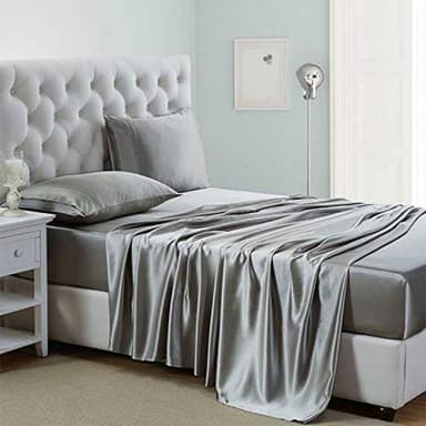 Lanest Housing Silk Satin Sheets, Full Size Satin Bed Sheet Set with Deep Pockets, Cooling Soft and Hypoallergenic Satin Sheets Full - Light Gray - Image 1