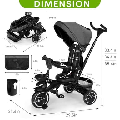 Kinder King Kids Tricycle, 8 in 1 Folding Toddler Trike w/Adjustable Push Handle, Rotatable Seat, Adjustable Canopy, Bell, Five-Point Harness, Storage, Toddler Stroller Bike for Age 6 Months+, Grey - Image 9