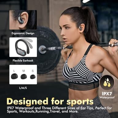 Catitru Wireless Earbuds Bluetooth Headphones 80H Playback Ear Buds Power Display with Noise Canceling Mic with Earhooks for Sports/Workout - Black - Image 4