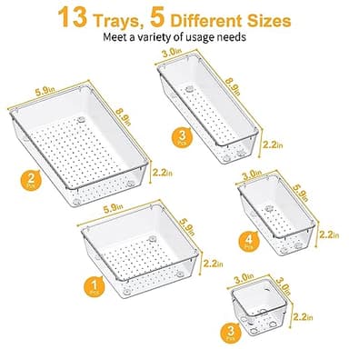 SMARTAKE 13-Piece Drawer Organizers with Non-Slip Silicone Pads, 5-Size Desk Bathroom Drawer Organizer Trays Storage Tray for Makeup, Jewelries, Utensils in Bedroom Dresser, Office and Kitchen, Clear - Image 3